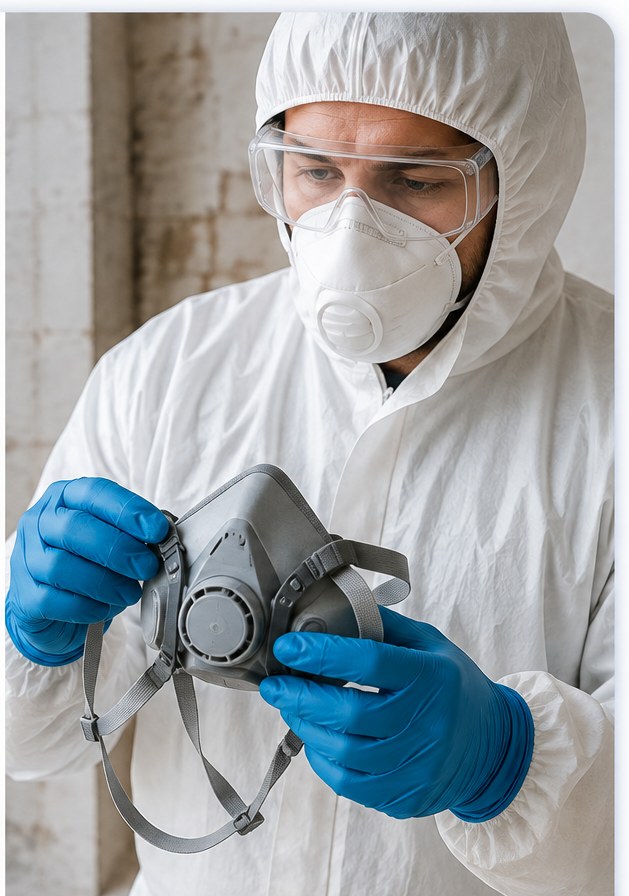Respiratory fit testing — technician inspecting a half-face respirator